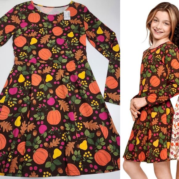Girls Thanksgiving Fall Autumn Harvest Pumpkins Printed Dress Size XL 14 NEW